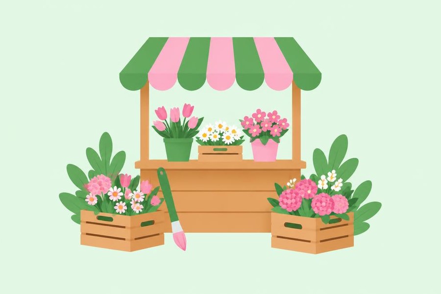 Illustration of a market stall with an awning, paintbrush, and crates of flowers.
