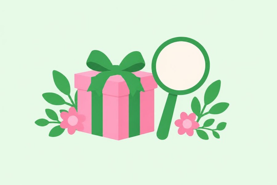 Illustration of a wrapped gift and a blank auction paddle.