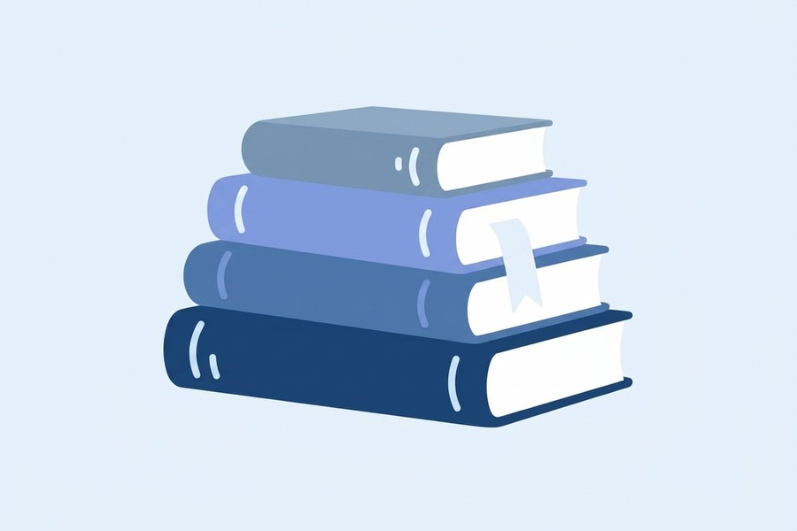 Illustration of a stack of blue books with a bookmark.