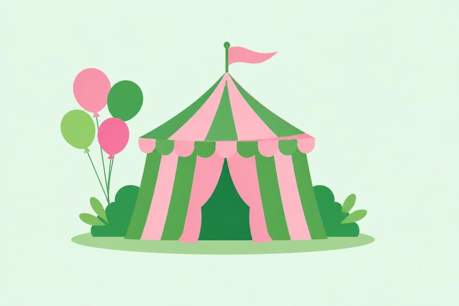 Illustration of a striped carnival tent and balloons.