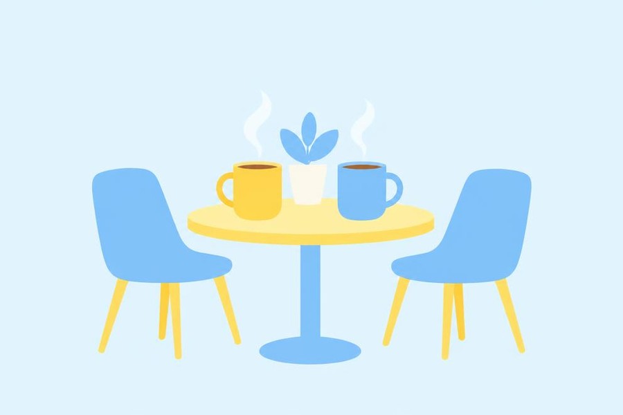 Illustration of two coffee mugs on a small table.