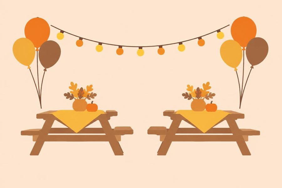 Illustration of string lights and balloons over picnic tables.