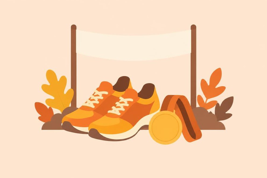 Illustration of running shoes, a blank finish line banner, and a medal.