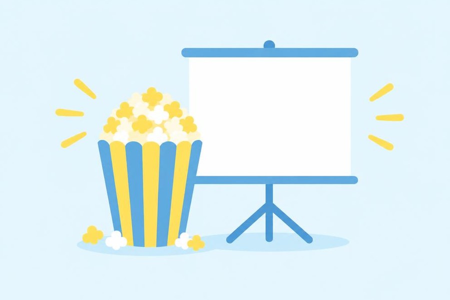 Illustration of a popcorn bucket and a blank projector screen.