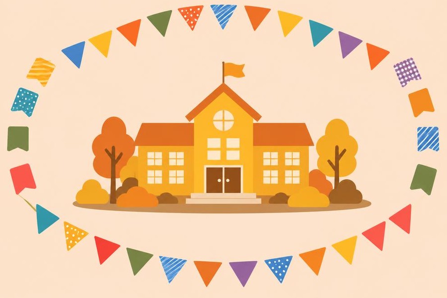 Illustration of colorful flags and bunting surrounding a school.