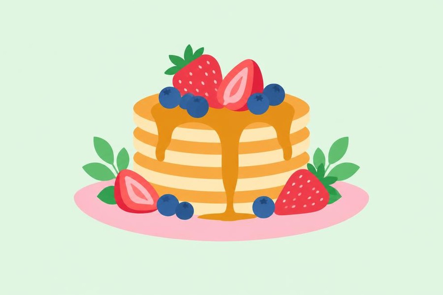 Illustration of a stack of pancakes with berries and syrup.