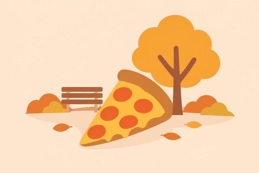 Illustration of a pizza slice beside a tree in a park.