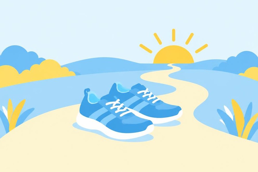 Illustration of running shoes on a path at sunrise.