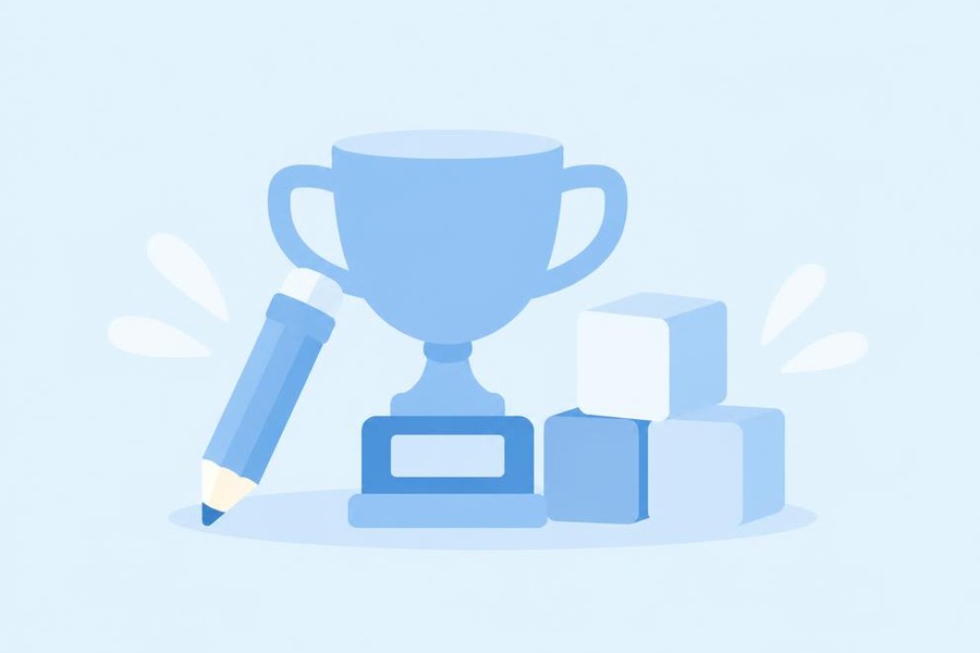 Illustration of a trophy, a pencil, and blank blocks.