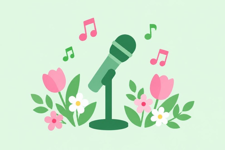 Illustration of a microphone, music notes, and spring flowers.