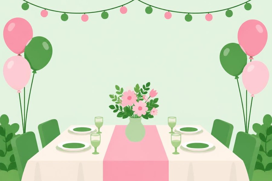 Illustration of string lights, balloons, and a festive table.