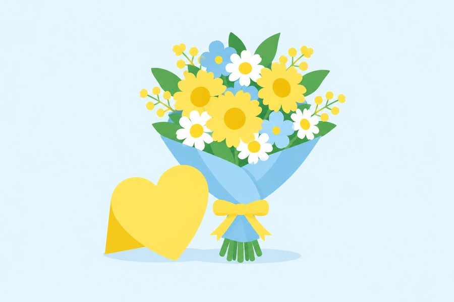 Illustration of a heart-shaped card with a flower bouquet.