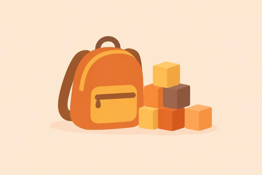 Illustration of a small backpack beside colorful blocks.
