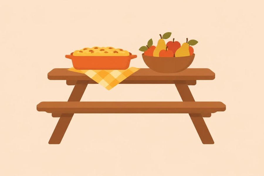 Illustration of a table with a casserole dish and fruit bowl.