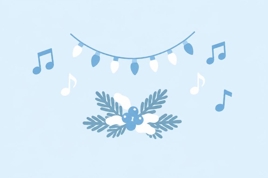 Illustration of music notes and a string of holiday lights.